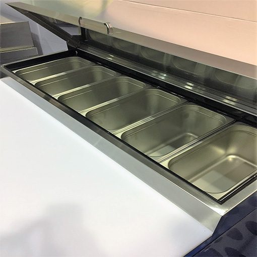 Atosa MPF8201GR  44in 1 Door Pizza Prep Table with Casters, 19" Deep Cutting Board, with 6-1/3 Pans, Free Shipping - Image 4