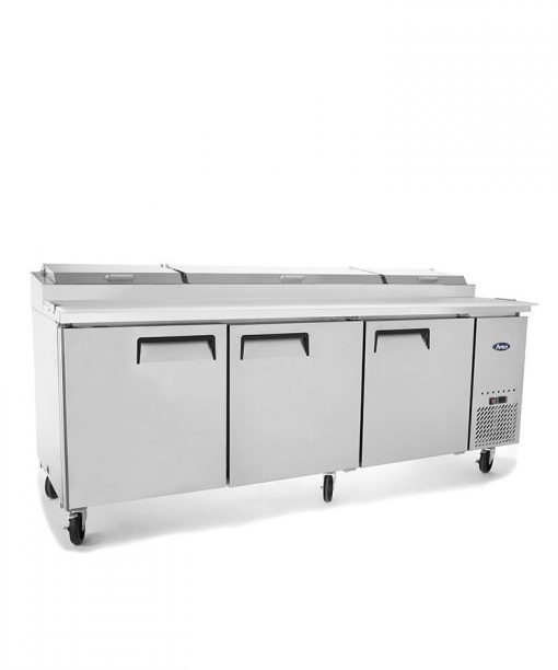 Pkg 93in 3 Door Pizza Prep Table with Casters MPF-8203GR & 93" Double Over Shelf Free Shipping