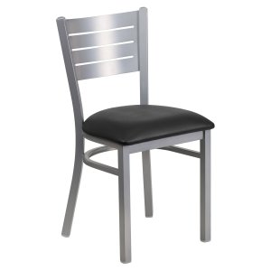 1 Each New Metal Silver Slat Back Restaurant Chairs Black Vinyl