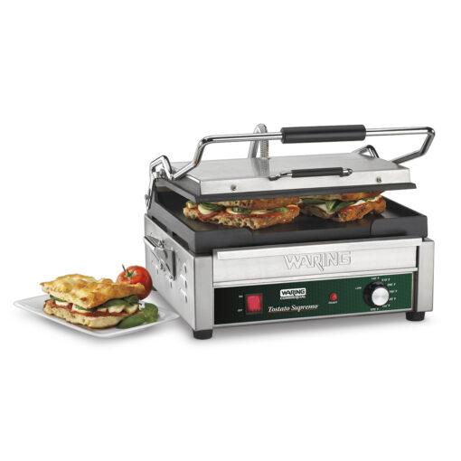 Special Priced Waring Commercial Large Panini Sandwich Press w/ Cast Iron Smooth Plates 14.5"x11", 120v - Image 2