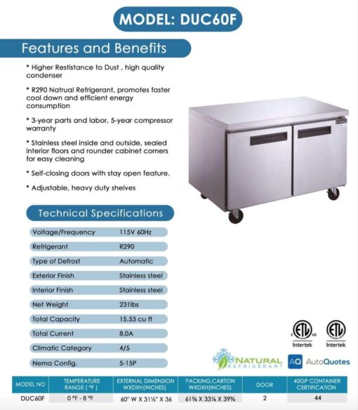 Dukers 60in Under Counter 2 Door Freezer DUC60F 120 volt Free Shipping - Image 3