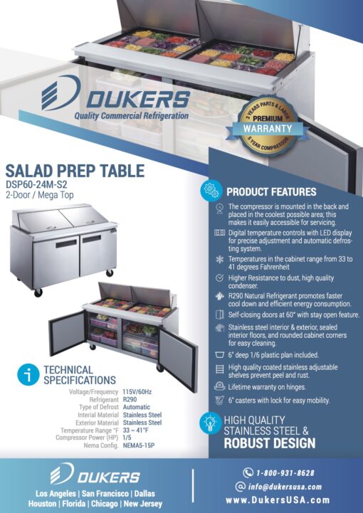 Dukers DSP60-24M-S2   2 Door Commercial Mega 24 Pan Food Prep Table Refrigerator with Double Overshelf Free Shipping - Image 2