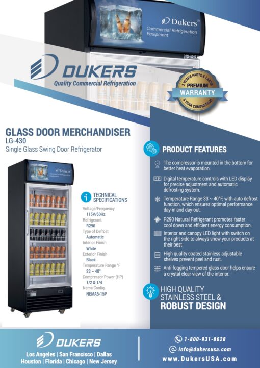 Dukers LG-430 Commercial Single Swing Door Glass Merchandiser Refrigerator w/Casters Free Shipping - Image 2