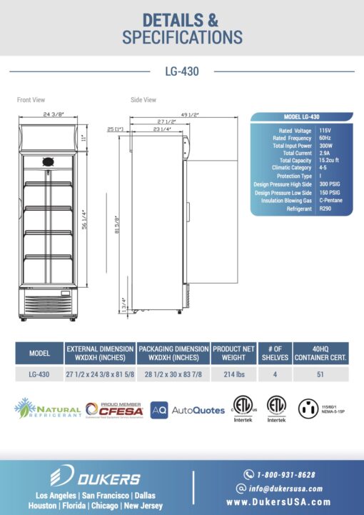 Dukers LG-430 Commercial Single Swing Door Glass Merchandiser Refrigerator w/Casters Free Shipping - Image 3