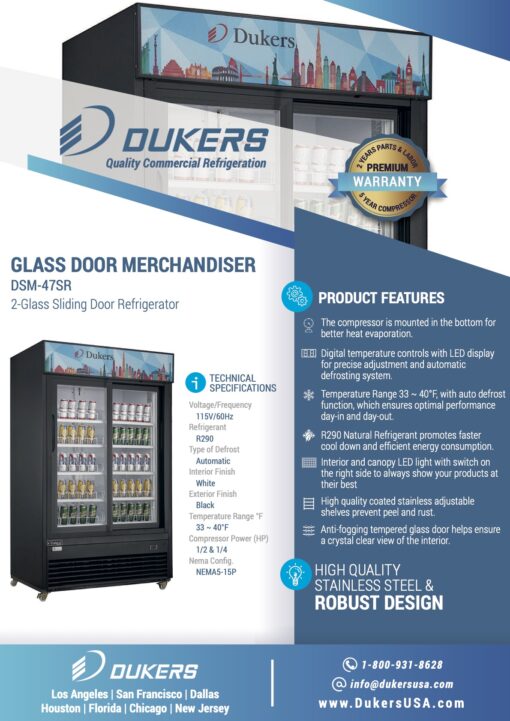 Dukers DSM-47SR Commercial Glass Sliding 2-Door Merchandiser Refrigerator in Black - Image 3