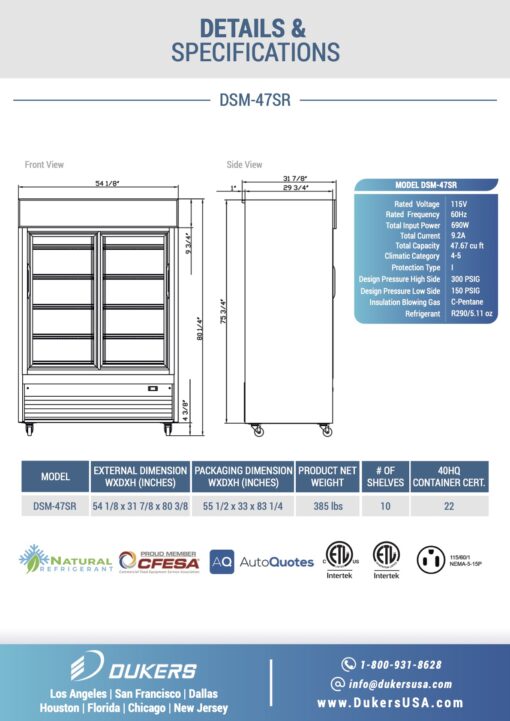 Dukers DSM-47SR Commercial Glass Sliding 2-Door Merchandiser Refrigerator in Black - Image 4