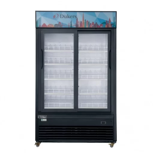 Dukers DSM-47SR Commercial Glass Sliding 2-Door Merchandiser Refrigerator in Black