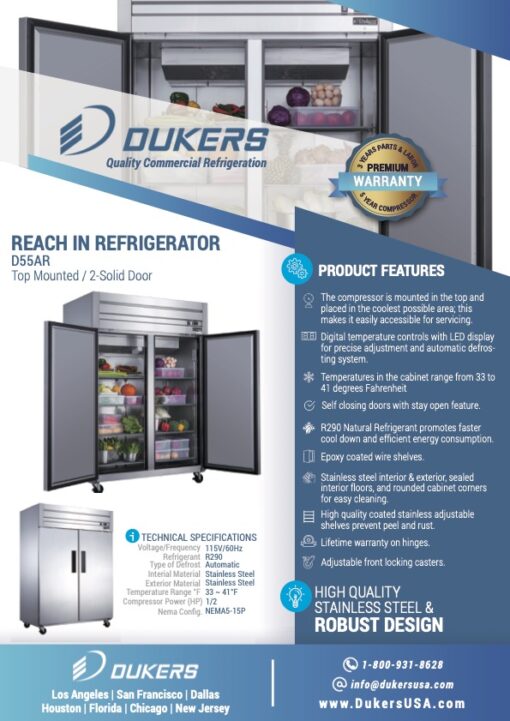Dukers D55AR 55" Two Solid Door Top Mount Reach-In Refrigerator Free Shipping - Image 3