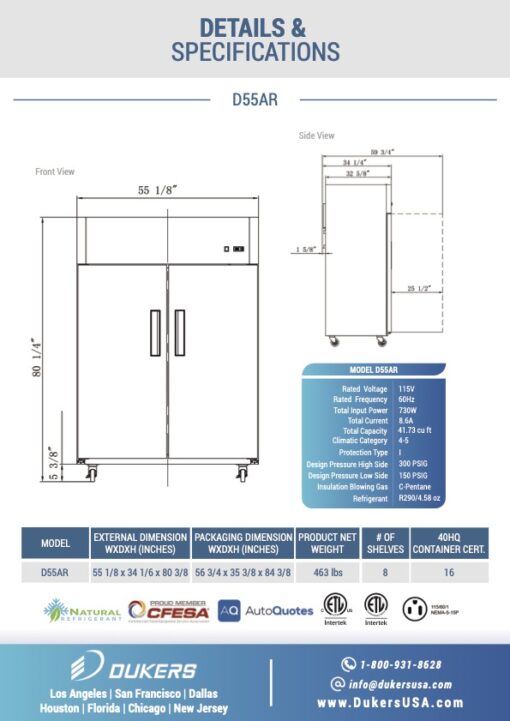 Dukers D55AR 55" Two Solid Door Top Mount Reach-In Refrigerator Free Shipping - Image 4
