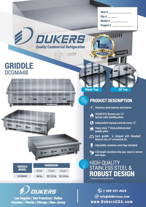 Dukers DCGMA48 48" Gas Countertop Four Burner Heavy Duty Griddle with 1" Griddle Plate - 120,000 BTU - Image 2