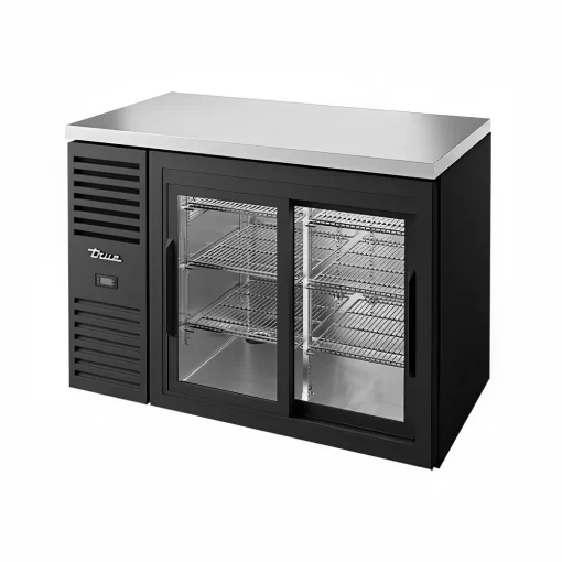 True TBR48-RISZ1-L-B-11-1 48" Bar Refrigerator - Sliding Glass Doors, Black, 115v with Casters