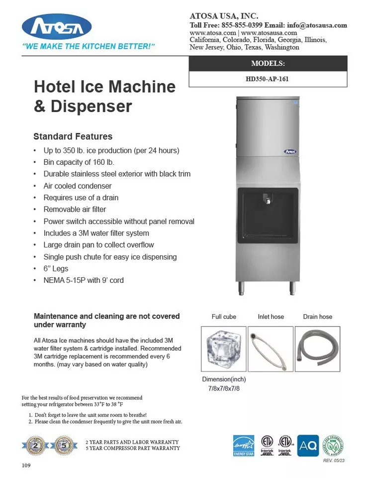 Atosa USA HD350-AP-161 Half Dice Hotel Ice Machine & Ice Dispenser, 350 lbs/Day, 160 lbs Bin, Free Shipping - Image 3