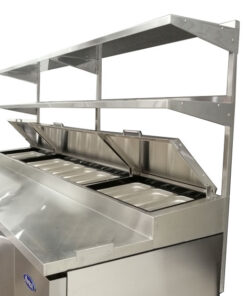 Alternative view of Pkg MPF8203GR 93in 3 Door Pizza Prep Table with Casters, 19″ Deep Cutting Board, with 12-1/3 Pans with 93" Double Overshelf, Free Shipping